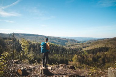 Çek Cumhuriyeti 'nin Beskydy dağlarında bir kütüğün üzerinde duran mavi sırt çantalı maceraperest ve gezgin. Yürüyüş yolu. Sihirli doğanın başarısının tadını çıkarıyorum..