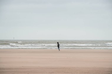 Adam, Belçika 'nın batı kıyısındaki Blankenberge yakınlarında sert rüzgarlar altında kumlu bir sahilde yürüyor. Belçika 'yı keşfetmek ve keşfetmek.