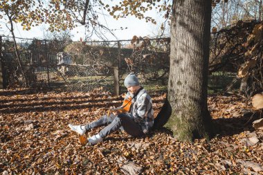 young man in a plaid shirt and beanie sits under a large tree, playing an acoustic guitar in a sunny autumn setting. The ground is covered with dry leaves, enhancing the cozy and peaceful atmosphere. clipart