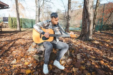 Ekose gömlekli odaklanmış gitarist, altın sonbahar manzarasının ortasında taş bir bankta otururken akustik gitar çalar. Güneş ışığı, sıcak ve huzurlu ortamı güçlendirir..