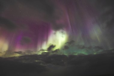 Aurora Borealis, kuzey ışıkları, Snaefellsnes yarımadası üzerinde, Batı İzlanda. Parlak yeşil, mor gökyüzü, dönen ışıklar, yıldızlı gece, yansıyan su, dingin doğa harikası.