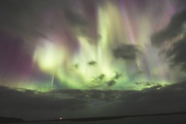 Aurora Borealis, kuzey ışıkları, Snaefellsnes yarımadası üzerinde, Batı İzlanda. Parlak yeşil, mor gökyüzü, dönen ışıklar, yıldızlı gece, yansıyan su, dingin doğa harikası.