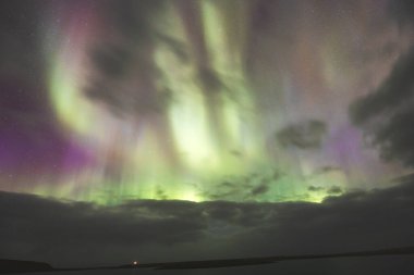 Aurora Borealis, kuzey ışıkları, Snaefellsnes yarımadası üzerinde, Batı İzlanda. Parlak yeşil, mor gökyüzü, dönen ışıklar, yıldızlı gece, yansıyan su, dingin doğa harikası.