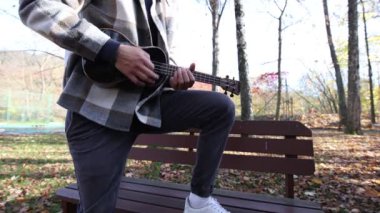 Tutkulu 26 yaşındaki müzisyen günbatımında gitar çalarak açık havada eğleniyor. Doğada olmak. Modern halk tarzında doğa ve müziğe duyulan sevginin bir karışımı. 4k video