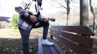 Tutkulu 26 yaşındaki müzisyen günbatımında gitar çalarak açık havada eğleniyor. Doğada olmak. Modern halk tarzında doğa ve müziğe duyulan sevginin bir karışımı. 4k video