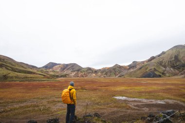 Gezgin, İzlanda Dağları 'nda yosunlu kayalar ve uzak ryolite zirveleriyle çevrili engebeli bir lav tarlasında yürüyor. İzlanda 'nın vahşi kalbinde gerçeküstü bir yolculuk.