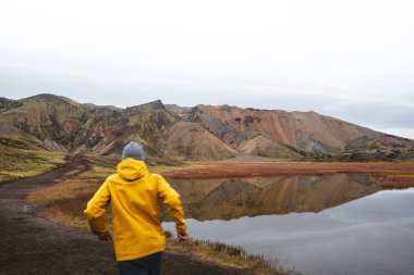 Gezgin, İzlanda Dağları 'nda yosunlu kayalar ve uzak ryolite zirveleriyle çevrili engebeli bir lav tarlasında yürüyor. İzlanda 'nın vahşi kalbinde gerçeküstü bir yolculuk.