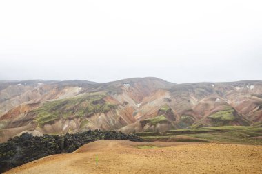 Renkli rhyolite dağlarının geniş manzarası ve İzlanda, Landmannalaugar 'da örülmüş bir nehir yatağı. İskoçya 'nın kalbinde gerçek üstü ve el değmemiş volkanik bir manzara..