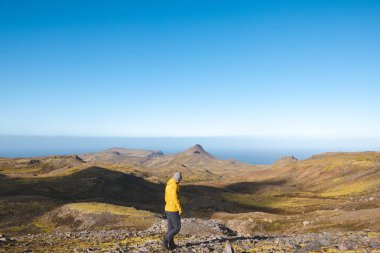 Sarı ceketli yalnız yürüyüşçü İzlanda 'daki Snaefellsnes yarımadasında, geniş volkanik dağlar ve okyanus ufkuyla çevrili parlak mavi gökyüzünün altında kayalık yolda yürüyor..