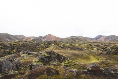 Volkanik yosun tarlaları İzlanda Landmannalaugar boyunca uzanır, renkli rhyolit dağları doğal güzelliğin gerçek üstü ve el değmemiş bir manzarasını resmeder..