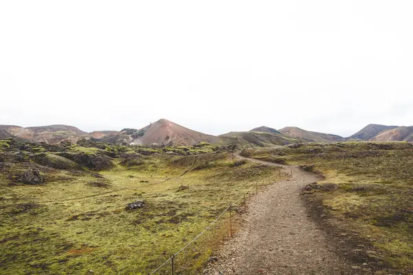 Volkanik yosun tarlaları İzlanda Landmannalaugar boyunca uzanır, renkli rhyolit dağları doğal güzelliğin gerçek üstü ve el değmemiş bir manzarasını resmeder..