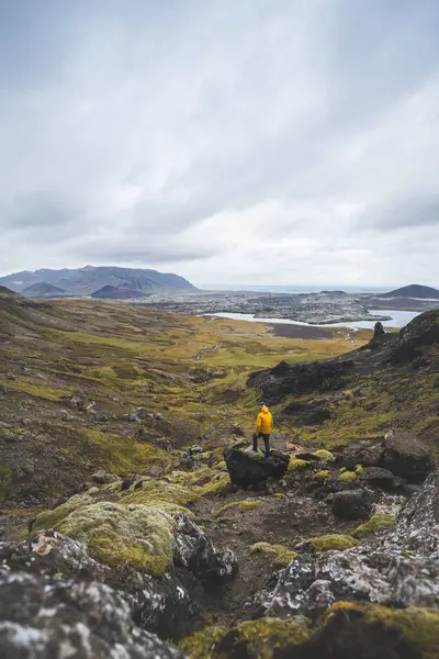 Sarı ceketli yürüyüşçü, İzlanda 'daki Snaefellsnes yarımadasındaki yosunlu kayaların ve volkanik vadinin üzerinde duruyor. Lav tarlalarının ve bulutlu gökyüzünün altındaki kıvrımlı nehrin üzerinden bakıyor..