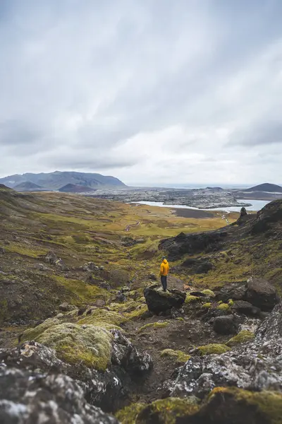 Sarı ceketli yürüyüşçü, İzlanda 'daki Snaefellsnes yarımadasındaki yosunlu kayaların ve volkanik vadinin üzerinde duruyor. Lav tarlalarının ve bulutlu gökyüzünün altındaki kıvrımlı nehrin üzerinden bakıyor..
