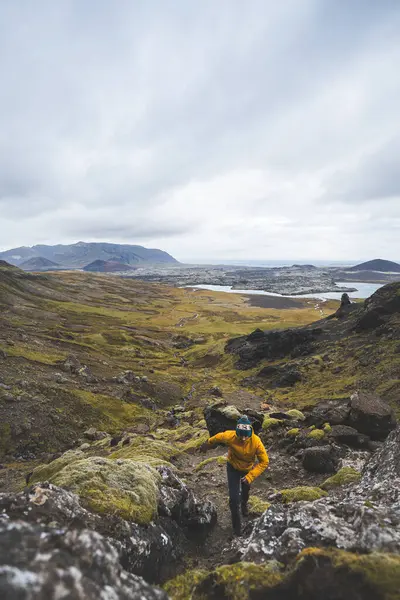 Sarı ceketli yürüyüşçü, İzlanda 'daki Snaefellsnes yarımadasındaki yosunlu kayaların ve volkanik vadinin üzerinde duruyor. Lav tarlalarının ve bulutlu gökyüzünün altındaki kıvrımlı nehrin üzerinden bakıyor..