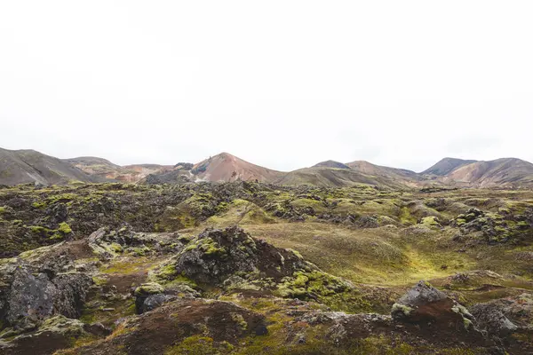 Volkanik yosun tarlaları İzlanda Landmannalaugar boyunca uzanır, renkli rhyolit dağları doğal güzelliğin gerçek üstü ve el değmemiş bir manzarasını resmeder..