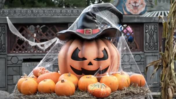 Abóbora Halloween Perto Celebração Halloween Fantasia Halloween Caras Cabeça Abóbora — Vídeo de Stock