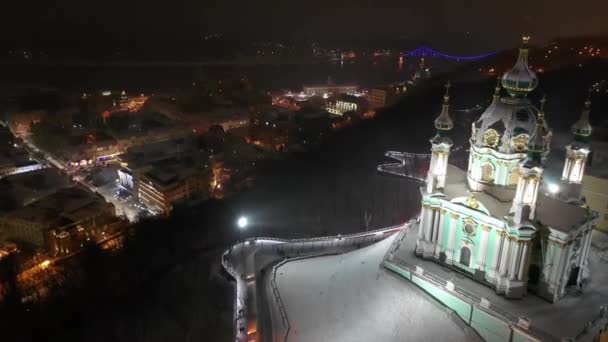 Andrews Church Winter Kiev City Covered Snow Aerial View Podil — Stock Video