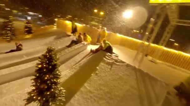 Families Having Fun Snow Tubing Park Aerial View Drone Top — Stock Video