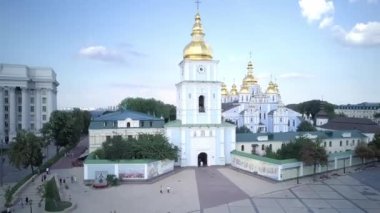 Aerial view of St. Michaels Golden-Domed Monastery in Kiev. High quality 4k footage, beautiful establishing shot of St. Michaels gold domed monastery in downtown central Kyiv Kiev Ukraine.