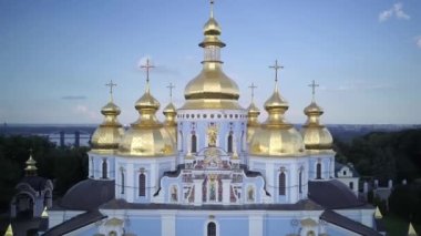 Aerial view of St. Michaels Golden-Domed Monastery in Kiev. High quality 4k footage, beautiful establishing shot of St. Michaels gold domed monastery in downtown central Kyiv Kiev Ukraine.