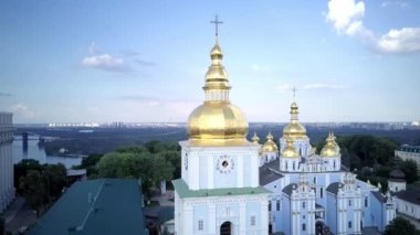 Aerial view of St. Michaels Golden-Domed Monastery in Kiev. High quality 4k footage, beautiful establishing shot of St. Michaels gold domed monastery in downtown central Kyiv Kiev Ukraine.