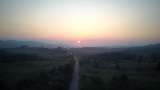 Aerial Drone View Flight Pine Tree Forest Country Road Sunset — Stock Video