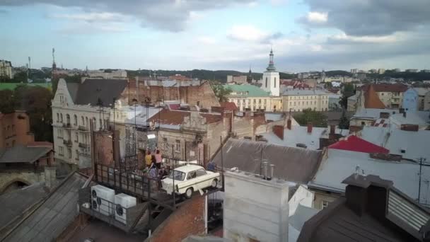 Aerial Drone Lviv Ukraine Summer Day Cars Driving City Skyline — Stock Video