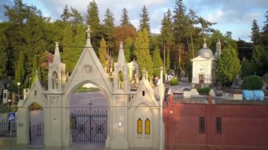 . Aerial drone of the Lviv Ukraine during a summer day with cars driving and the city skyline in the background, central part of the city of Lviv, Ukraine, drone flight 