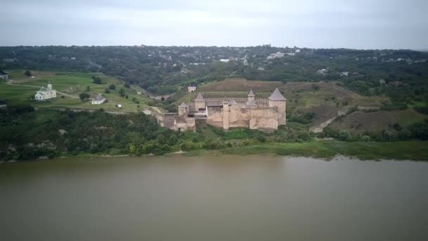Panorama Aerial View Old Castle Hotin River Khotyn Fortress Medieval — Stock Video