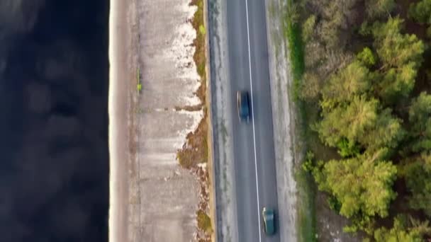 Car Going Road River Aerial View Footage Aerial View Small — Stock Video