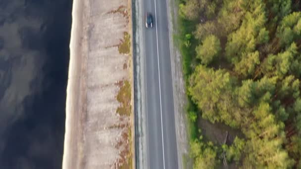 Car Going Road River Aerial View Footage Aerial View Small — Stock Video