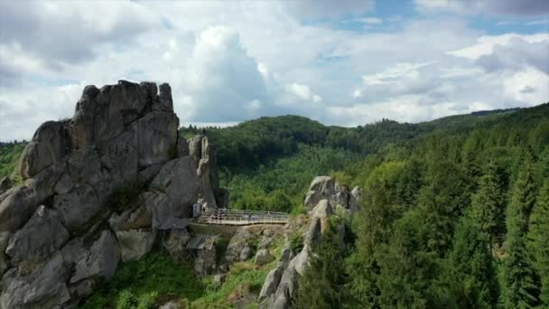 塔斯坦要塞的无人驾驶飞机图像 乌克兰喀尔巴阡山国家公园的中世纪悬崖边要塞 塔斯坦的岩石综合体是受欢迎的旅游地标 乌克兰利沃夫州Urich — 图库视频影像