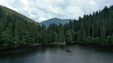 Ukrayna 'daki Karpat Dağları' ndaki Synevir Gölü 'nün havadan görünüşü. Yaz ormanındaki sisli göl. Yazın Carpathian montajı. Karpatya doğası, yükselen göl. Hava manzaralı Synevir Gölü, Ukrayna