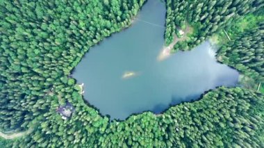 Ukrayna 'daki Karpat Dağları' ndaki Synevir Gölü 'nün havadan görünüşü. Yaz ormanındaki sisli göl. Yazın Carpathian montajı. Karpatya doğası, yükselen göl. Hava manzaralı Synevir Gölü, Ukrayna