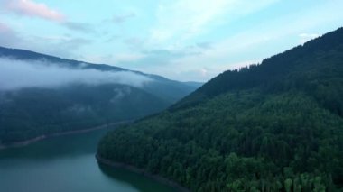 Çam ağaçlı bir dağ ormanı gölündeki su manzarası. Mavi göl ve yeşil ormanların hava aracı görüntüsü. Dağ ormanları arasındaki göl. Kristal berrak dağ gölü suyu.