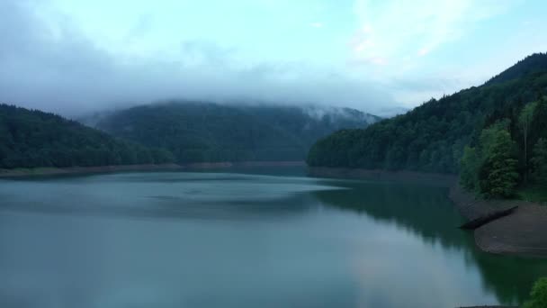 ターコイズブルーの水と緑の木と山の湖 水の中の反射 湖と美しい風景 空中展望 美しい山の森の湖の上にドローンショット — ストック動画