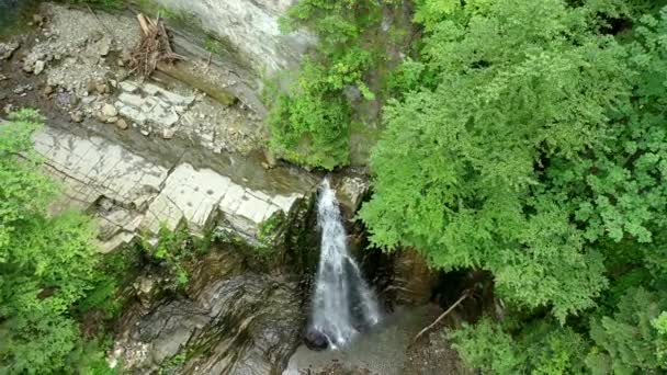 瀑布Manyavsky瀑布在古老的飞岩中 有大量的石头A和树干在地面 高山瀑布Pan与倒下的树干和绿树在顶部 电影空中 — 图库视频影像