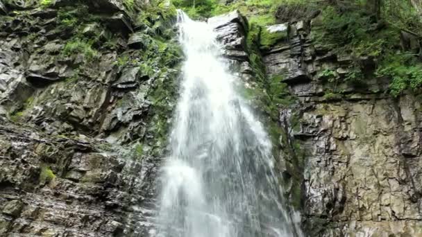 Cachoeira Manyavsky Cai Antigo Flysch Rochas Com Monte Pedra Troncos — Vídeo de Stock