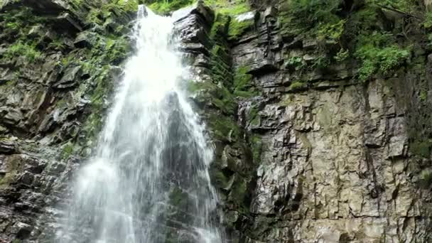 Cachoeira Manyavsky Cai Antigo Flysch Rochas Com Monte Pedra Troncos — Vídeo de Stock