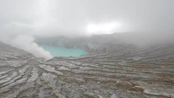 Dramatic Aerial View Crater Acid Lake Kawah Ijen Sulfur Mined — Stock Video