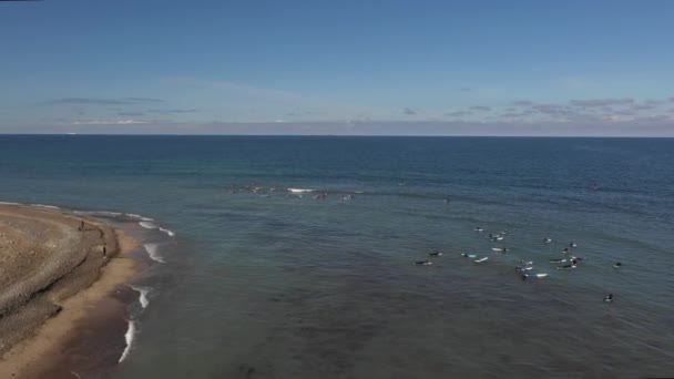 Серфингисты Пляже Летом Облаками Доской Серфинга Переднем Плане Снято Летом — стоковое видео