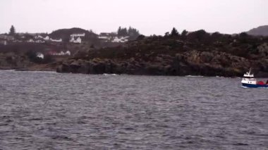 Norveç 'te pitoresk fiyort boyunca dolaşmak, gemiden manzara, Kuzey Norveç' te Senja kıyısı bir teknenin arkasından manzara. Kuzey Norveç 'te Senja' nın kıyıları bir teknenin arkasından görülüyor..