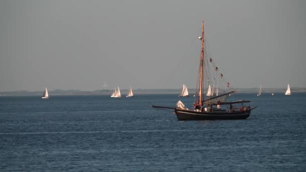 丹麦奥胡斯 斯堪的纳维亚半岛 现代游艇进入古老的传统意义上的丑闻鸟类港口 桅杆帆船逆风驶离游艇在夏季帆船航行期间 帆船节在丹麦 斯堪的纳维亚半岛 奥胡斯 — 图库视频影像