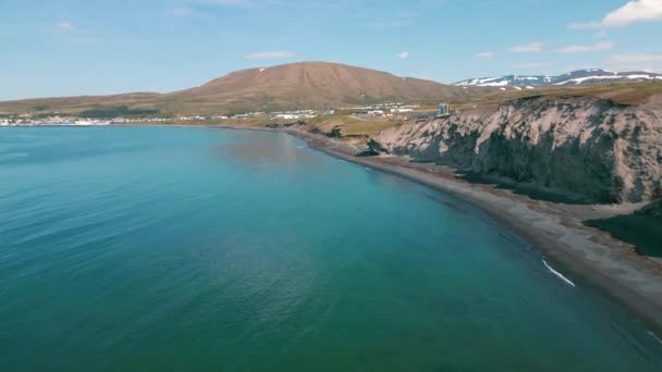 Légi Kilátás Fekete Vulkanikus Strand Izlandon Troll Lábujjak Sziklák Tengerben — Stock videók