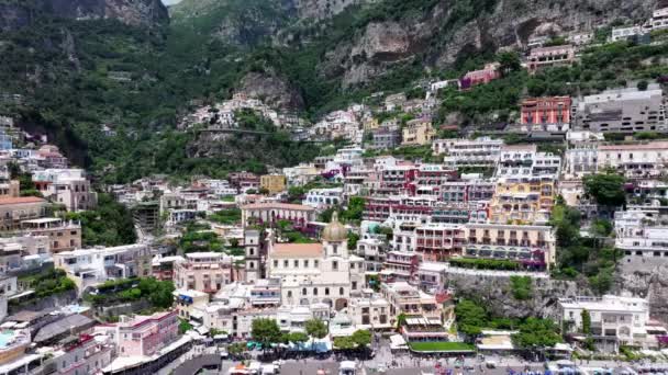 Positano Turistmål Amalfikysten Italien Luftfoto Farverige Huse Tyrrhensk Kyst Set – Stock-video