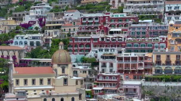 Positano Destino Turístico Costa Amalfitana Itália Vista Aérea Casas Coloridas — Vídeo de Stock
