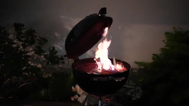 燃烧着的烤架 从上面看烧烤准备 在烧烤水壶烤架上燃着炭疽 烧炭为烤肉派对加热 味道鲜美的热 用玉米煎的过程 — 图库视频影像