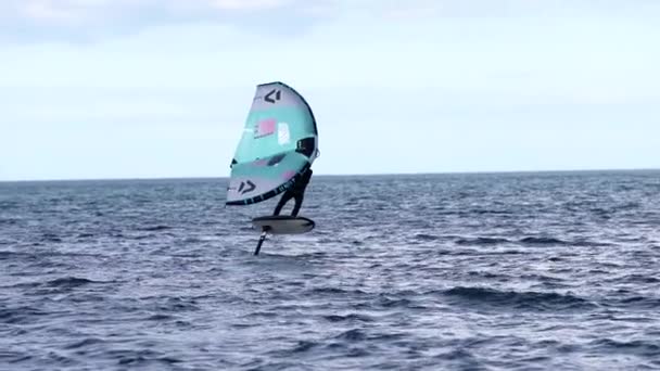 Modern Water Sport Hydrofoil Ride Ocean Using Wing Power Wind — Stock Video