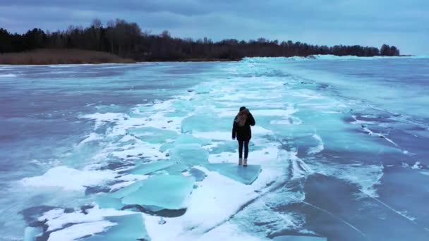 Lago Niña Caminando Lago Congelado Niña Caminando Sobre Hielo Agrietado — Vídeo de stock