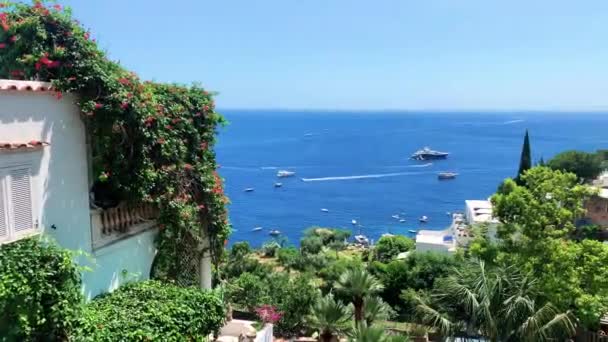 ポジターノ アマルフィ海岸の観光地 イタリア ポジターノの緑豊かなジューシーな植物を通して見られるティレニア海沿岸のカラフルな家の空中ビューは ナポリの大都市圏の村です — ストック動画